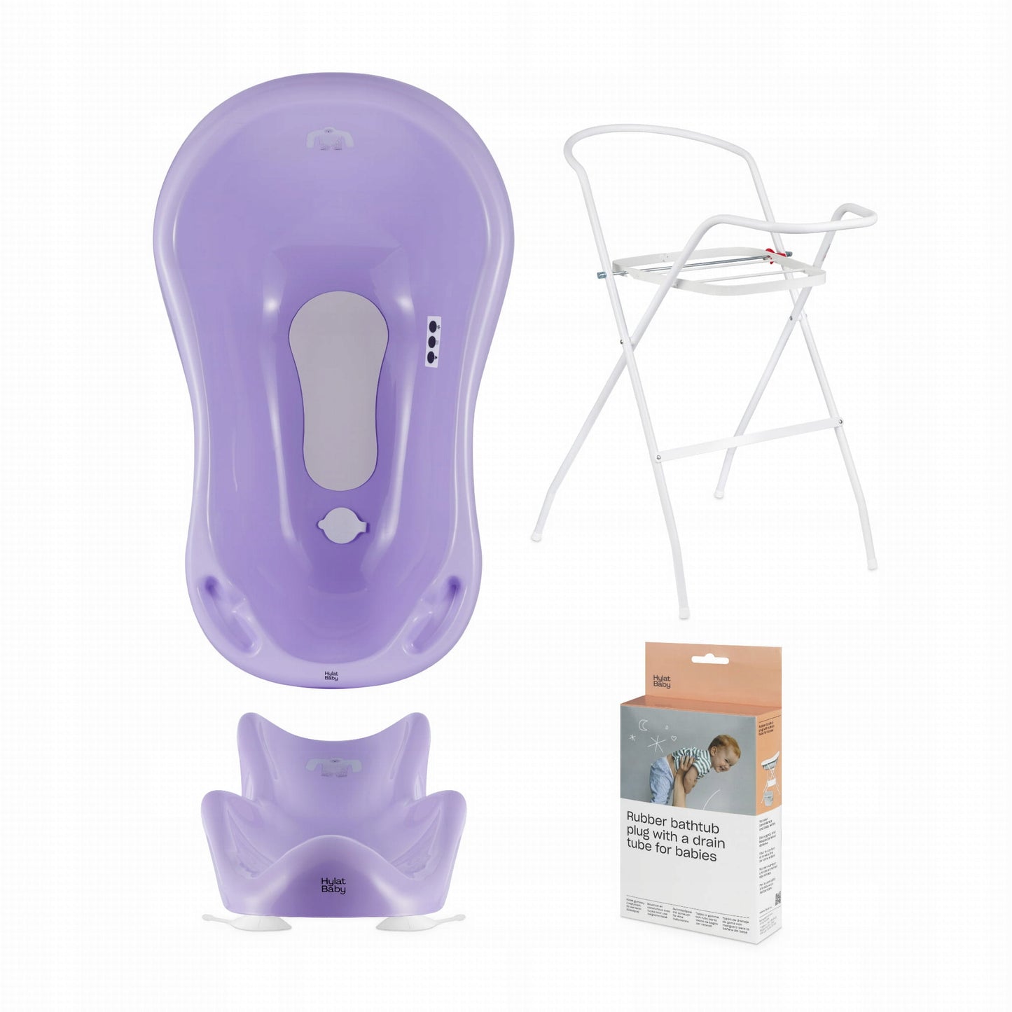 Zestaw kąpielowy Hylat Baby - wanienka 84 cm ze stojakiem, fotelikiem, termometrem i odpływem - fioletowy YETI
