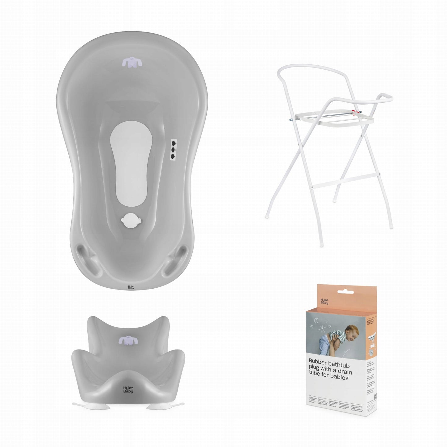 Zestaw kąpielowy Hylat Baby - wanienka 84 cm ze stojakiem, fotelikiem, termometrem i odpływem - szary YETI