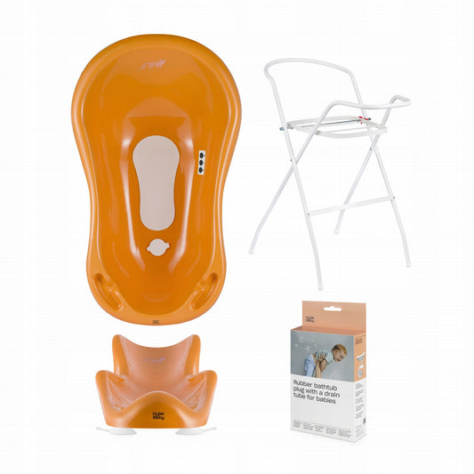 Zestaw kąpielowy Hylat Baby - wanienka 84 cm ze stojakiem, fotelikiem, termometrem i odpływem - musztardowy FOX