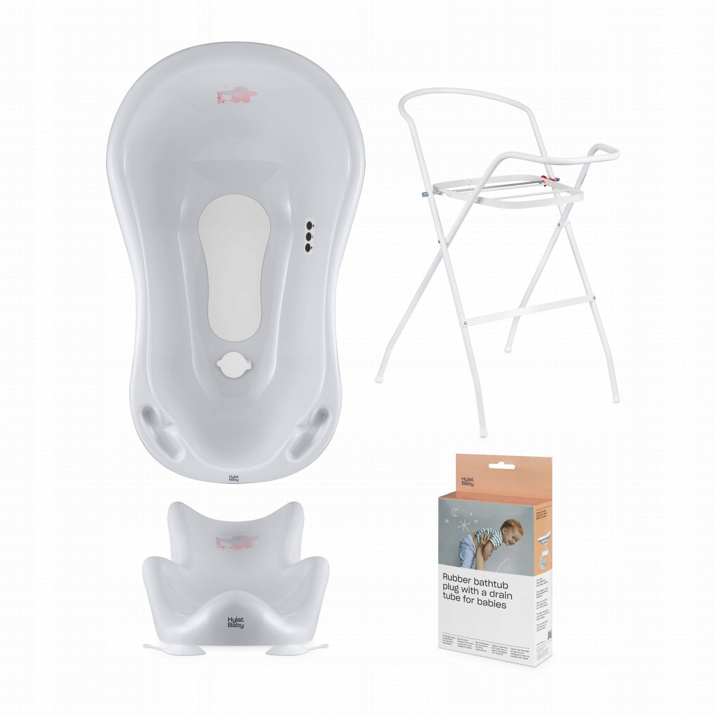 Zestaw kąpielowy Hylat Baby - wanienka 84 cm ze stojakiem, fotelikiem, termometrem i odpływem - szary FRIENDS